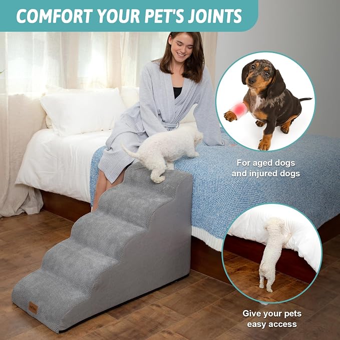 COZY KISS Dog Stairs for Small Dog 22.6" H, Curved Pet Step for Puppy, Older Cat, Medium Pet Ramp for High Bed, Ladder with High Density Foam, Durable, 5 Step, 15.7x33x22.6 inch, Grey