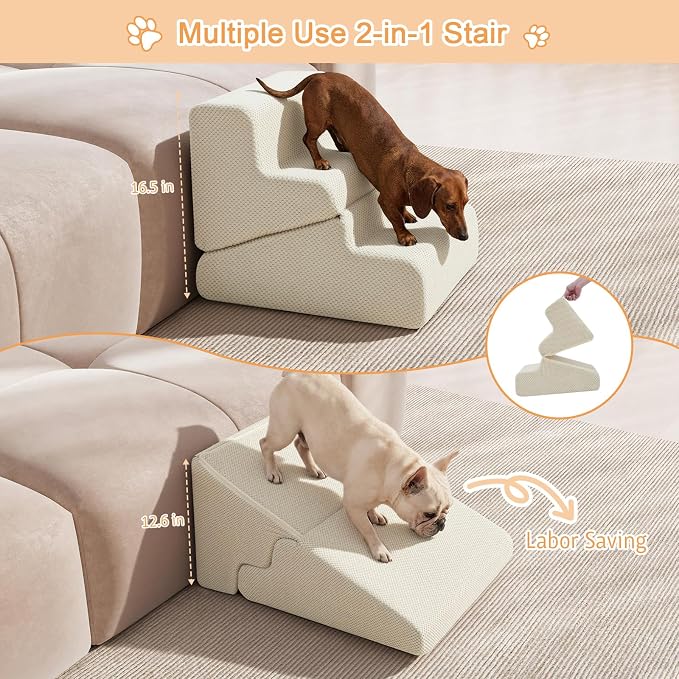 Dog Ramp for Bed, Extra Wide 20" Width Dog Stairs for High Bed, 2 in 1 Pet Steps for Small Dogs, 4-Step Foldable Transformable Large Cats Ramp to Get on Couch, Non-Slip Balanced, Beige