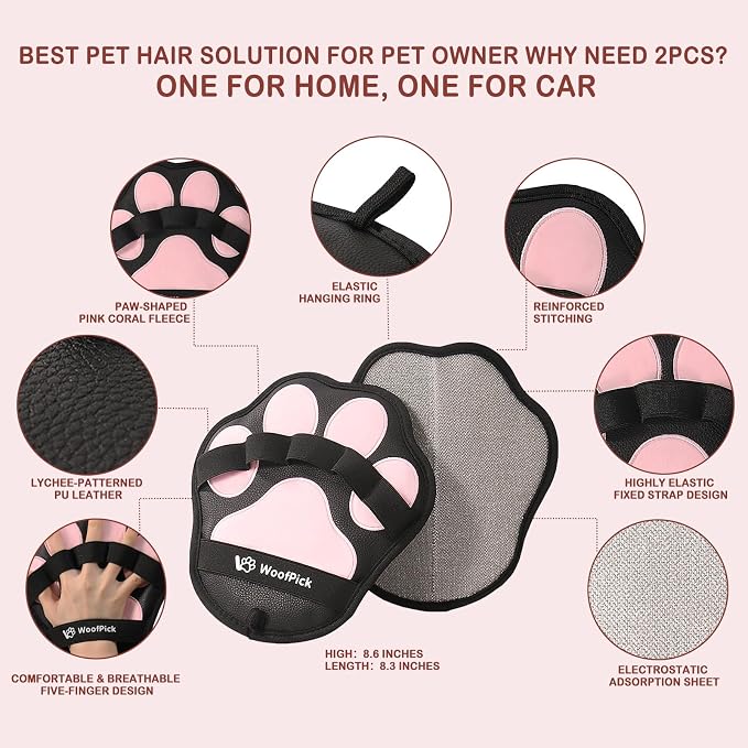 WoofPick 2 PCS Efficient PU Pet Hair Removal Gloves, Cat Dog Hair Remover, Electrostatic Deshedding Mitts, Gentle Reusable Fur Removal Tool for Furniture, Couch, Clothes & Car