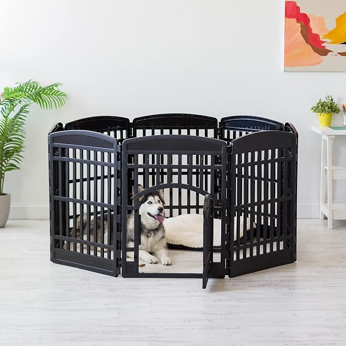 IRIS USA Dog Playpen with Door, 34” 8 Panel Pet Exercise Pen – Indoor Outdoor Puppy Play Pen, Portable Plastic Pet Fence for Small Medium Dogs, Foldable 63” x 63” x 34”, Black