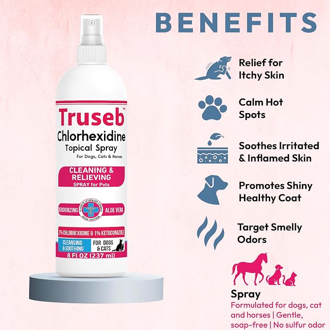 Truseb Medicated Topical Ketoconazole and Chlorhexidine Spray for Dogs, Cats, and Horses with Essential Fatty Acids, Ketoconazole Spray Aloe and Vitamin E (Ketoconazole & Chlorhexidine Spray, 16 oz)