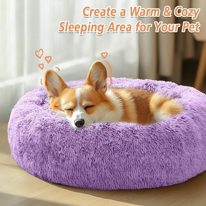 JOLLYVOGUE 36" Calming Donut Dog Bed, Purple