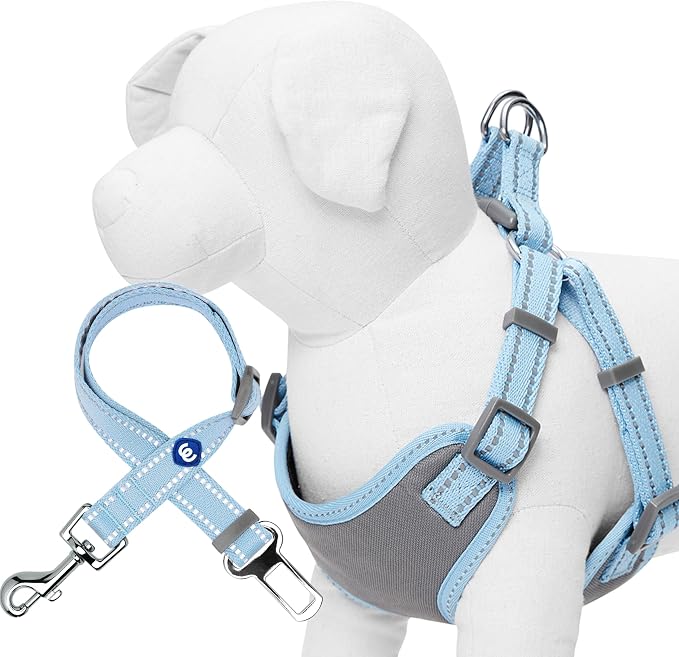 Blueberry Pet Pastel Colored Reflective Dog Harness with Seatbelt Clip – Adjustable No-Pull Pet Vest for Walking and Car Safety, Medium Size in Bably Blue