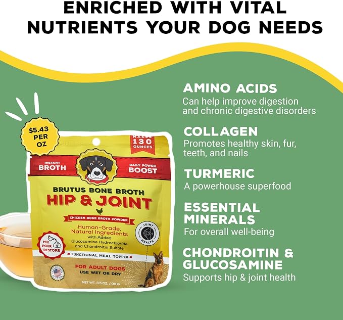 Brutus Broth Dog Food Topper - Instant Bone Broth Powder for Dogs - Supports Hip and Joint Function - Human-Grade Quality, Serve Dry or Wet - Chicken Flavor, 3.5 oz (Pack of 1)