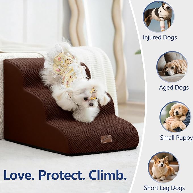 GoGoBunny Ramp Dog Stairs for Couch Sofa and Chair 11.8" H, 2-Step Pet Steps for Small Dogs and Cats, Non-Slip Waterproof Fabric Cover, Stable and Balanced Indoor Step, Pets Friendly, Brown