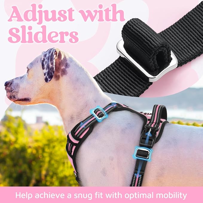 rabbitgoo Dog Harness for Large, No Pull 3 Buckles Easy On & Off | Soft Padded, Walking with Control Handle, Adjustable and Reflective, Light Pink, Large