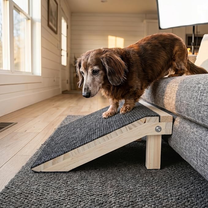 Wooden Dog Ramp for Stairs, 4.3"/5.5" Height Adjustable Pet Ramp with Non-Slip Carpet Surface, Small Dog Step Ramp for Indoor Stairs, Entryway & Porch, Supports Senior Dogs & Cats (1-Pack)