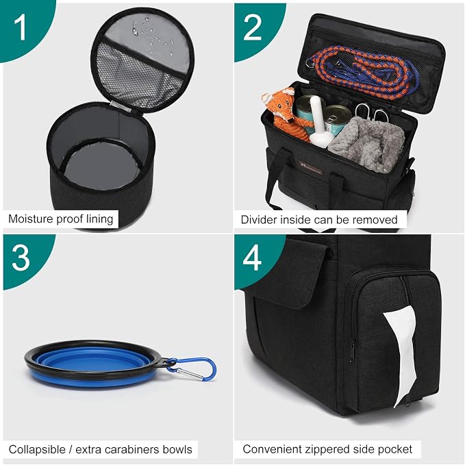 Modoker Dog Travel Kit for Weekend, with Bowls & Food Containers, Black