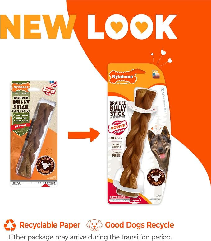Nylabone Power Chew Braided Bully Stick Alternative Dog Chew Toy, Large | Bold bully stick flavor, no odor, durable dog toys for aggressive chewers, long lasting, for large dogs up to 50 lbs
