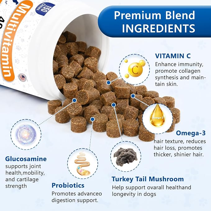 Dog Vitamins and Supplements, Dog Multivitamin Chewable with Glucosamine Probiotics Omega-3, Multivitamin for Dogs Skin Coat Heart Joint Liver Brain Eyes Immune Support, Bacon Flavor, 150 Count