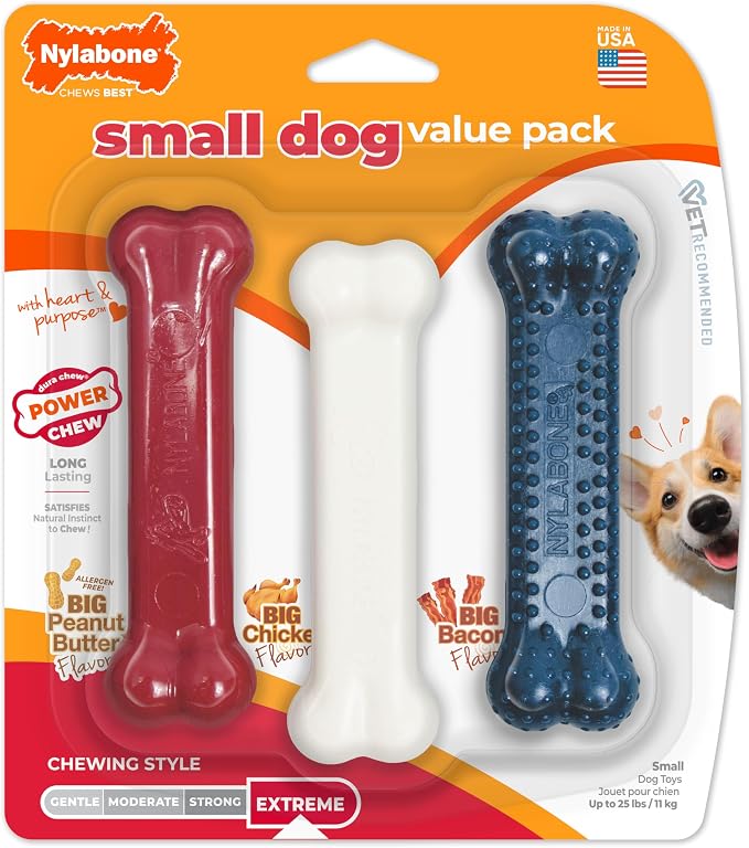 Nylabone Power Chew Original Bone Dog Chew Toys, Small, 3 Count | Peanut butter, chicken, and bacon flavor, durable dog toys for aggressive chewers, helps clean teeth, for dogs up to 25 lbs