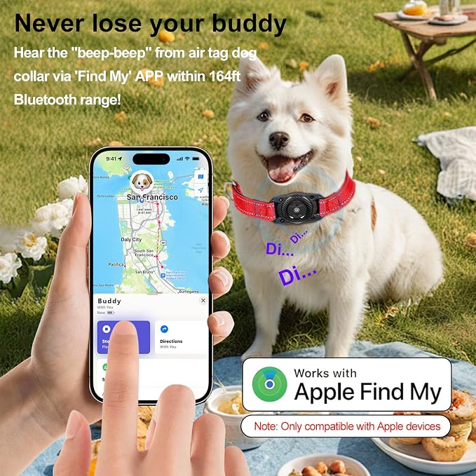 Reflective Tracker Dog Collar, Waterproof Dog Collar Tracking for Apple Find My (iOS Only) Smart Tracker Pet Collar for Small Medium Large Dogs (Red, M)