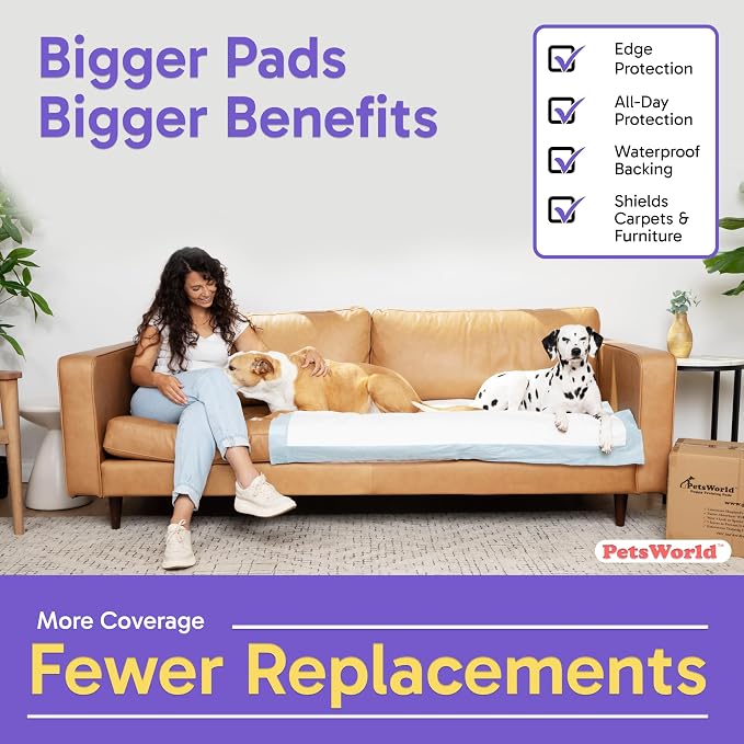 PetsWorld Enormous Dog Pee Pads 37"x54" 25 Count – XXXL Pet Pee Pads for Giant Dogs & Pets, Heavy Duty Leak-Proof Dog Training Pads, Super Absorbent Quick-Dry Potty Pads with Adhesive Tabs