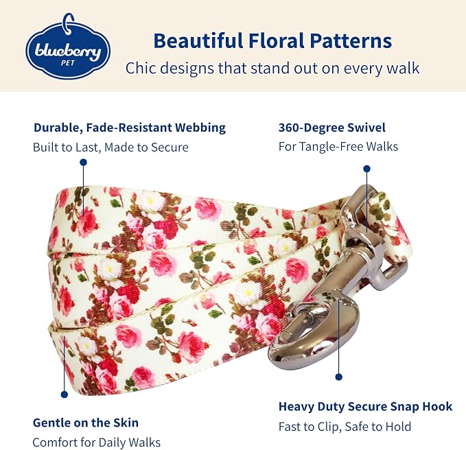 Blueberry Pet 9 Patterns Durable Spring Scent Inspired Pink Rose Print Ivory Dog Leash 5 ft x 5/8", Small, Leashes for Dogs