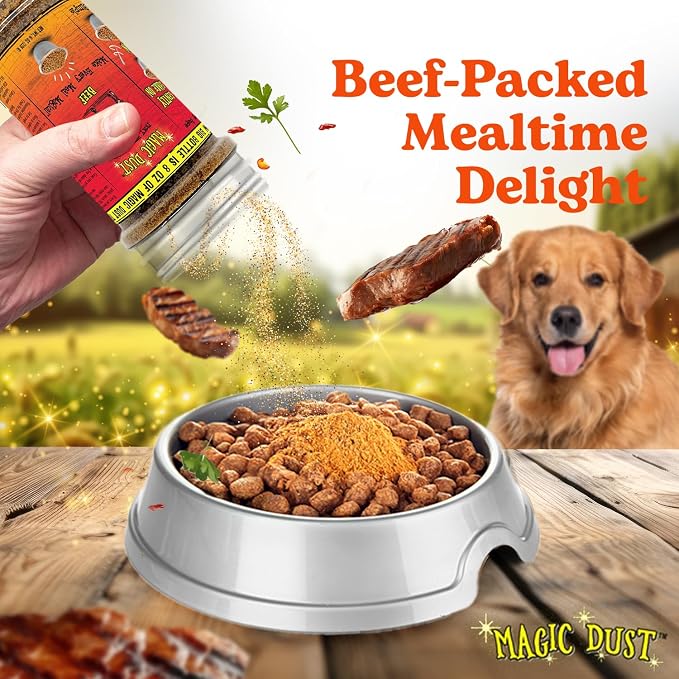 Magic Dust Beef Jerky Topper, Single Protein Pet Food Topper for Dogs & Cats, Enhance Flavor & Elevate Mealtime Excitement for Picky Eaters - 8 Ounce Bottle in Beef Flavor