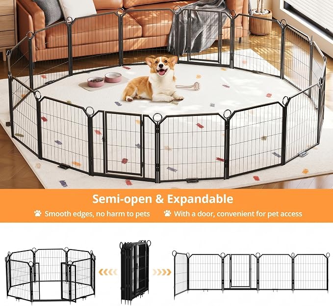 Dog Playpen 24 Inch 16 Panels, Large Exercise Puppy Pen with Lockable Door, Heavy Duty Metal Dog Fence Outdoor for Yard Backyard Home Foldable