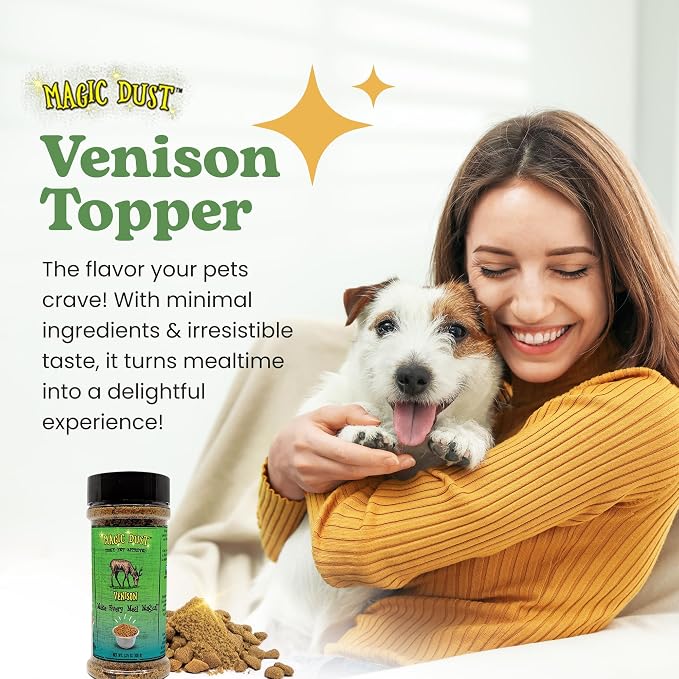 Magic Dust Venison Jerky Topper, Single Protein Pet Food Topper for Dogs & Cats, Enhance Flavor & Elevate Mealtime Excitement for Picky Eaters - 3.5 Ounce Bottle in Venison Flavor