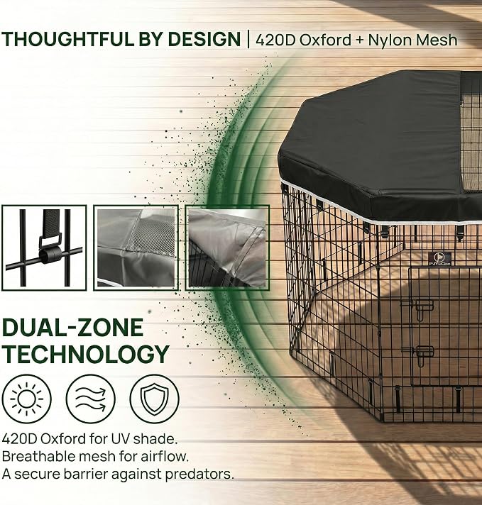 PJYuCien Octagonal Playpen Top Cover for 24" Side Metal Pet Pen, Half Mesh Half Oxford with Silver Coating & Snap Hooks, Predator & Weather Protection, Cozy Den for Puppy Small Animals, Black