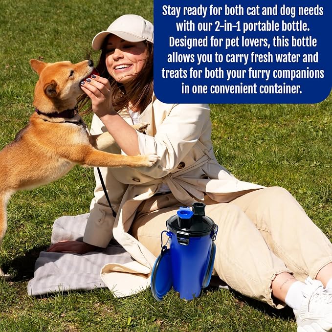 2-in-1 Dog Travel Water Bottle with Collapsible Bowl, Blue