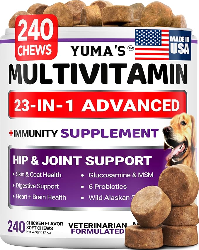 Dog Vitamins and Supplements, 240 Treats, Dog Multivitamin with Glucosamine | Senior & Puppy Multivitamin for Dogs, Hip & Joint Support, Immune Health, Skin, Heart, Digestion, Probiotics, Vet Formulated