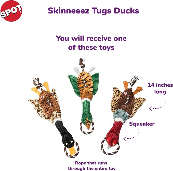 SPOT Skinneeez Tugs Mini Duck Tug Dog Toy – 14" Stuffing-Free Plush Toy with Rope Handle & Squeaker – Durable Tug Toy for Small & Medium Dogs, Moderate Chewers, Assorted Styles
