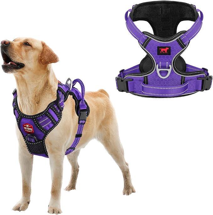 Tuff Pupper No Pull Easy Walk Dog Harness | Heavy Duty Pet Vest | Front & Back Leash Clips | Strong Safety Handle | Reflective Anti Pull Vest | Comfortable Padded Escape Proof Harness (Large, Purple)