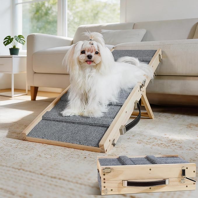 Dog Ramp Dog Stairs for Small Dogs Foldable Dog Ramp with 4 Adjustable Heights from 7.48'' to 15.35" Wood Stairs with Non Slip Carpet Portable Pet Ramp for Couch, Sofa, Low Bed (Natural Wood)
