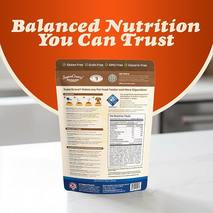 CLEAR CONSCIENCE PET® Bon A'la Goat SuperGravy® Dog Food Topper Hydration Broth Mix Greek Yogurt Cheese Blend Kibble Seasoning Probiotics Prebiotics Enzymes Taurine 9 oz. 60 Scoop, All Life Stage
