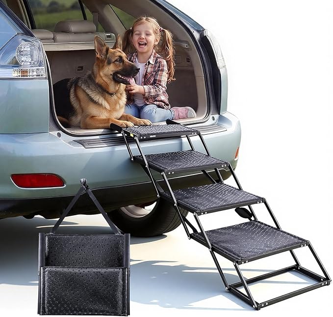 VEVOR Dog Stairs for Car, 4 Steps Extra Wide Foldable Dog Ramp for Large Dogs with Non-Slip Surface, Portable Lightweight Pet Stairs Ladder for Car, SUV, Truck, High Bed, Sofa, Support up to 250 lbs