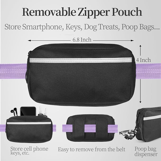 iYoShop Hands Free Dog Leash with Zipper Pouch, Large, 25-120 lbs, Lavender | Waist Leash, Dual Padded Handles, Shock-Absorbing Bungee, Adjustable Waist Belt, Walking and Running