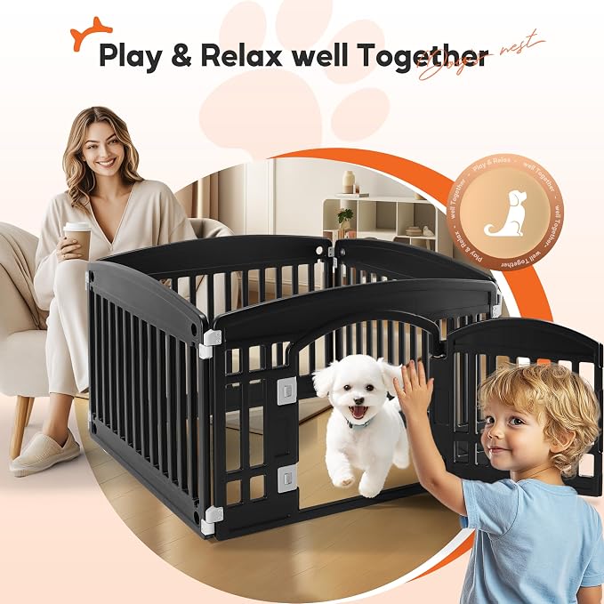 HealSmart 4 Panel Dog Playpen, 24” Exercise Puppy Playpen with Door, Safe, Secure, Folding & Portable Pet Playpen for Indoor & Outdoor Use, Suitable for Puppies and Small, Black