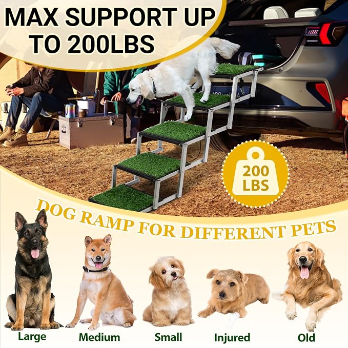 Dog Stairs for Car, Portable Folding Dog Ramps,Doggy Steps for Large Dogs with Non-Slip Grass Rug for Cars, SUV, Trucks,Lightweight Pet Ramp Supports Up to 200 lb, 5 Steps