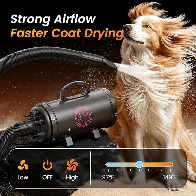 Flying Pig Turbo Dog Grooming Dryer with ForceFlow Drying Power, Variable Speed and Heat Control (Dark Grey w/Pink Logo)