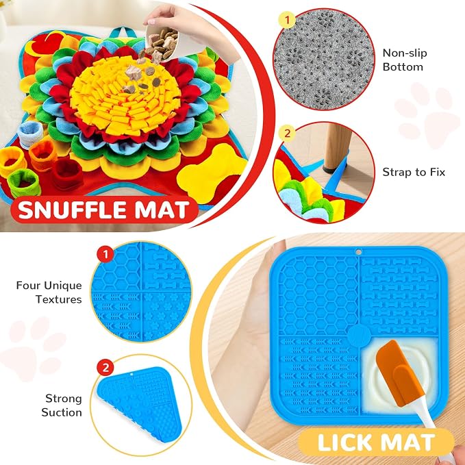 Dog Snuffle Mat and Lick Mats Set, Interactive Dog Enrichment Puzzle Toys for Puppy Small Medium Breed Dogs Cats, Cognitive Sniff Foraging Mats for Slow Feeding Treat Game Mental Stimulation