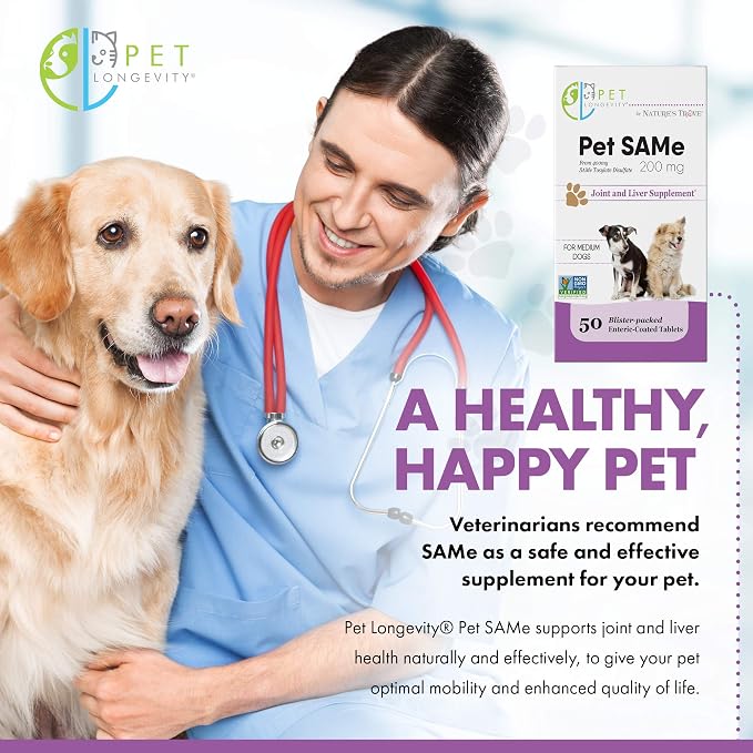Same 200 mg Pet Supplements – Liver and Joint Support for Medium Size Dogs with Elevated Enzymes – S Adenosyl Methionine - 50 Gluten Free Enteric Coated Tablets – Non GMO Certified