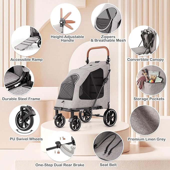 MoNiBloom Large Pet Stroller - Mobility Aid, up to 99lbs, Anti-Slip Ramp