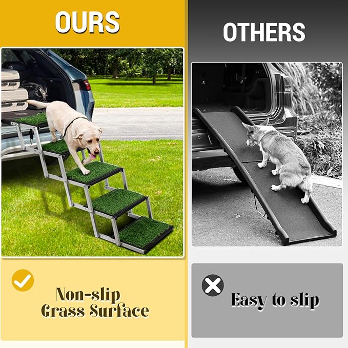 Dog Stairs for Car, Portable Folding Dog Ramps,Doggy Steps for Large Dogs with Non-Slip Grass Rug for Cars, SUV, Trucks,Lightweight Pet Ramp Supports Up to 200 lb, 5 Steps