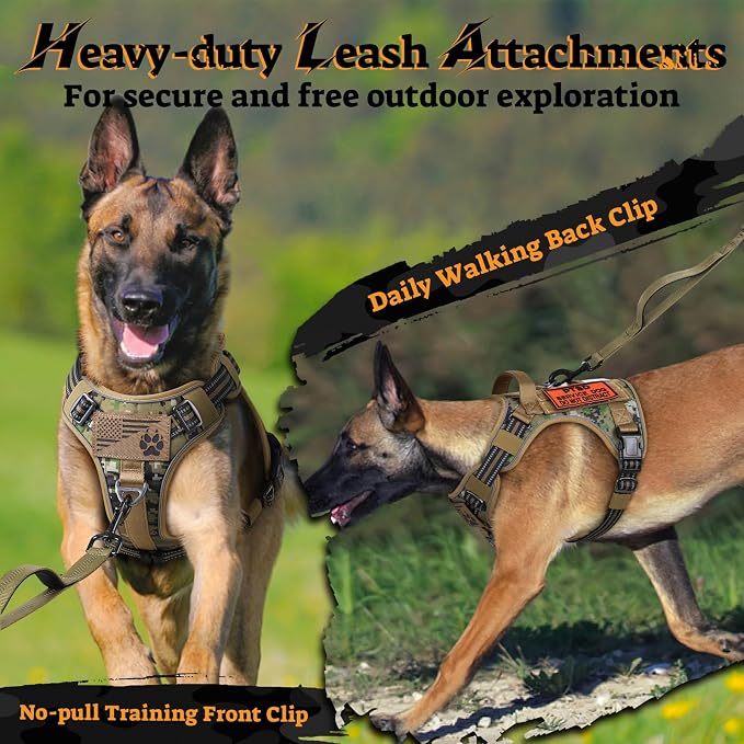 rabbitgoo Tactical Dog Harness Medium Sized, No Pull Service Pet Vest | Military Molle System & Easy Control Handle, Adjustable and Reflective for Walking and Training, Brown Camo, Medium