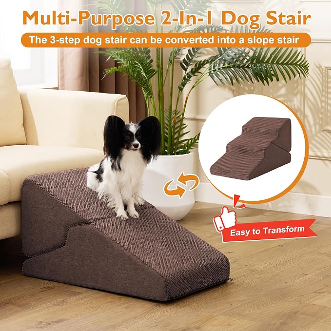 Dog Stairs for Small Dogs 16’’ H, 3-Step Dog Steps for Bed, Foldable Pet Stairs and Ramp for Dogs and Cats to Get on Beds, Couch, Non-Slip Balanced Pet Steps with Waterproof Cover, Brown
