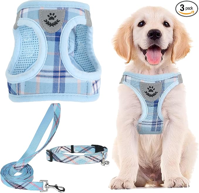 PUPTECK Adjustable Dog Harness Collar and Leash Set Step in No Pull Pet Harness for Small Medium Dogs Puppy and Cats Outdoor Walking Running, Soft Mesh Padded Reflective Vest Harnesses, Blue S