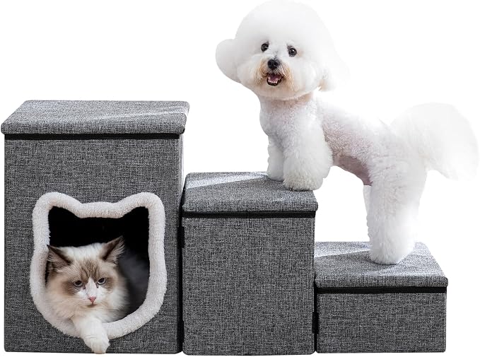 Dog Stairs for Small Dogs, 3-Step Non-Slip Pet Stairs for Cats, Small Dog Steps with Storage and Condo, Indoor Cat Steps for Older Cats, Arthritis-Friendly, Grey