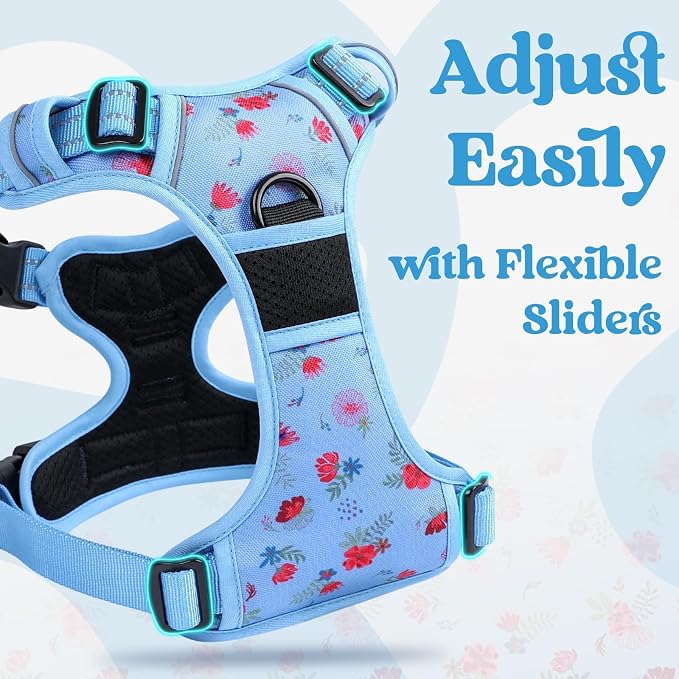 rabbitgoo Dog Harness Small Sized, Updated Easy On & Off with 3 Buckles | No Pull No Choke, Walking with 2 Clips and Handle, Adjustable Soft Reflective, Floral Blue, Small