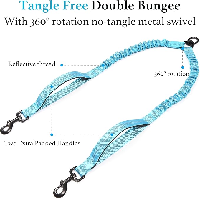 iYoShop Double Dog Leash with 3 Extra Traffic Handles, 15-120 lbs, Blue | 360 Swivel No Tangle, Dual Dog Walking, Shock Absorbing Reflective Bungee, for Two Dogs