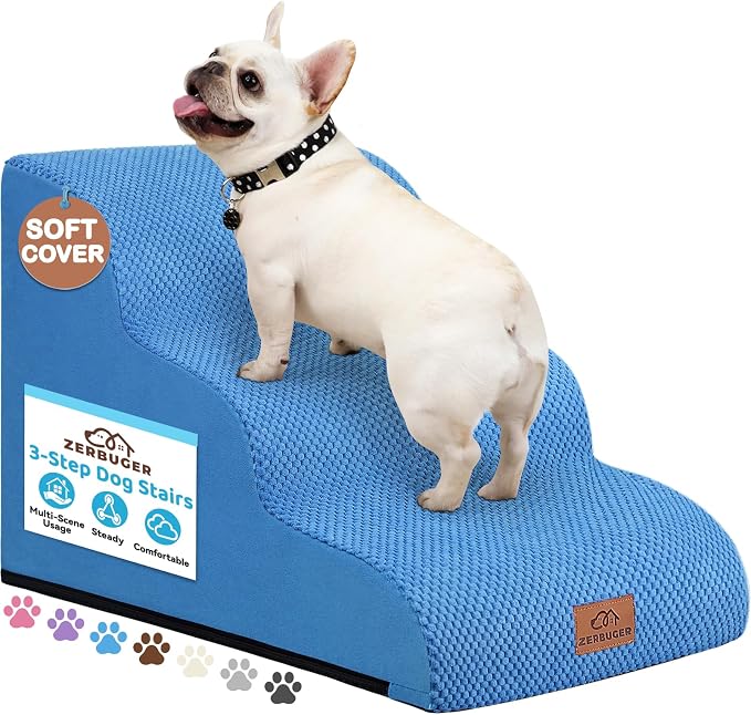 Zerbuger Dog Ramp and Stair for Bed 16" H-20 H,3-Step Cat Stair for Sofa and Chair,4-Step Dog Ramp for High Bed and Window,Durable Nonslip Fabric Cover for Indoor (Blue-16“H, Pet Friendly, 3)