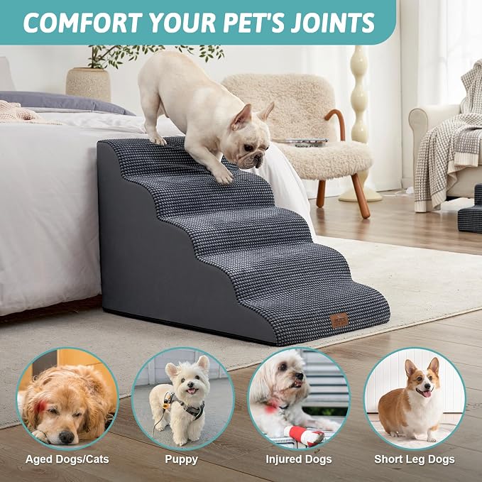 COZY KISS Extra Wide Dog Stair for Small Dog, 5 Step Pet Ramp for Bed | Curved Stable Dog Step for Puppy, Older Cat, Senior, Medium, Short-Legged Dog, Non-Slip Ladder for High Bed, Charcoal Grey
