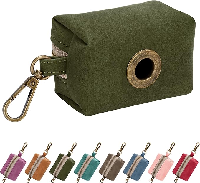 Didog Stylish Dog Poop Bag Holder for Leash, Easy-Pull and Colorful PU Leather Dog Poop Bag Dispenser with Metal Clip, Includes 1 Roll Pet Waste Bag for Daily Walking,Dark Green