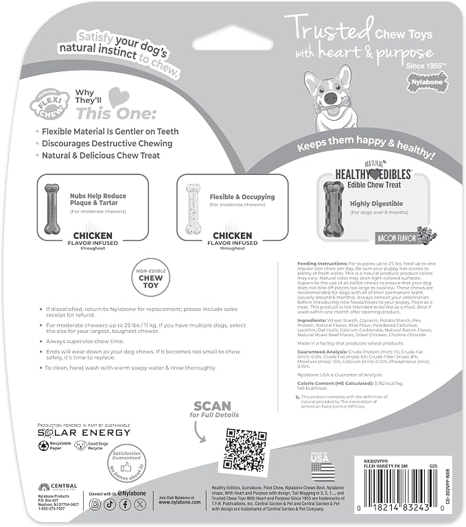 Nylabone Flexi Chew Small Dog Value Pack Dog Toys with Chew Treat, 3 Count | Chicken flavor dog toys, bacon chew treat, for small dogs up to 25 lbs, flexible material, gentle on teeth, great for seniors