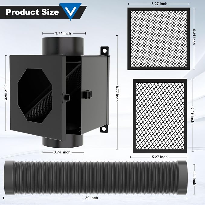Dryer Duct Lint Trap, Metal Dryer Lint Trap Indoor Dryer Vent Kit Lint Catcher Collector Box with 4" Flexible Exhaust Hose Stainless Steel Clamps Aluminum Foil Tape Cleaning Brush 2 Filter Screens