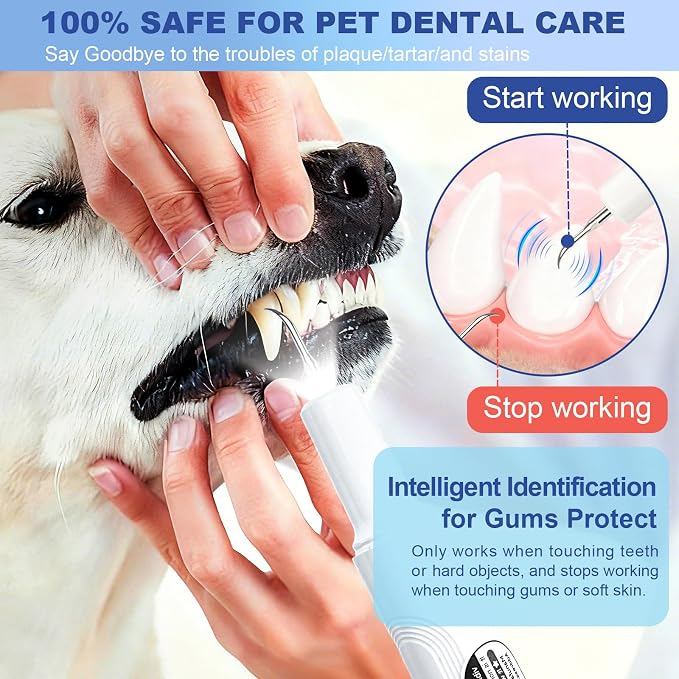ETACCU Dog Plaque Remover for Teeth, Dog Plaque Remover Tool with LED Light, 5 Modes Teeth Cleaning Tools, Low Noise Pet Tooth Brushing Kit Dental Tools for Dog and Cat, White