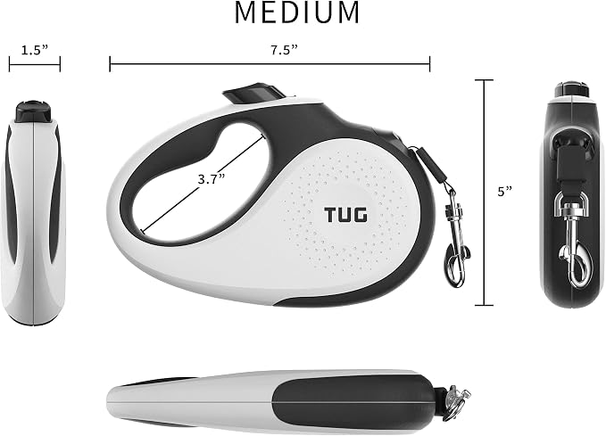 TUG Original Retractable Dog Leash, 16 ft (Medium, White) | 360° Tangle-Free Retraction, 16 ft Tape, Quick Thumb Lock, Anti-Slip Handle, For Dogs Under 55 lbs